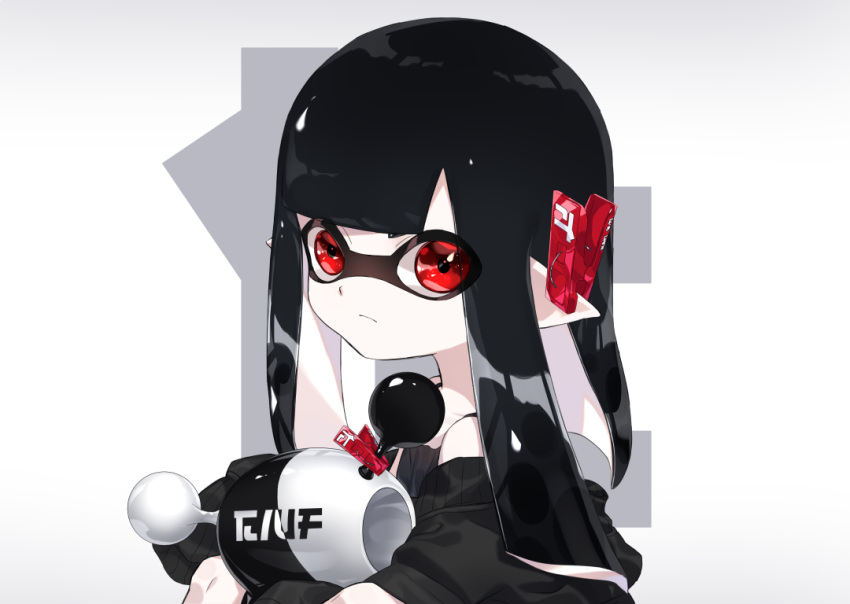 amatya black_hair black_shirt black_sweater blunt_bangs closed_mouth commentary earclip eyes_visible_through_hair female frown grey_background holding holding_weapon inkling inkling_girl inkling_player_character logo long_hair looking_at_viewer luna_blaster_(splatoon) off-shoulder_sweater off_shoulder pointy_ears portrait red_eyes shirt simple_background solo splatoon_(series) splatoon_2 sweater tank_top tentacle_hair three_quarter_view weapon