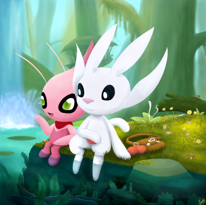 ambiguous_gender arti4000 arti_(arti4000) artibii_(arti4000) black_eyes celebi detailed_background digital_media_(artwork) duo fur generation_2_pokemon grass green_eyes guardian_spirit hi_res legendary_pokemon microsoft nintendo open_mouth ori_(ori) ori_(series) pink_body pink_fur plant pokemon pokemon_(species) scarf shiny_pokemon sitting water white_body white_fur xbox_game_studios