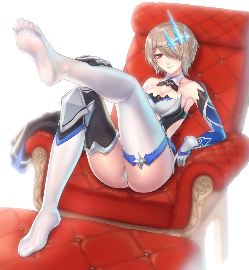 armchair breasts brown_hair chair cleavage feet female hair_ornament hair_over_one_eye highres honkai_(series) honkai_impact_3 leg_up light_brown_hair looking_at_viewer medium_breasts panties pantyshot pink_eyes rita_rossweisse sheer_legwear short_hair sitting smile soles solo thighhighs toes underwear white_legwear