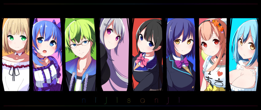 1st_generation_(nijisanji) 2boys 6+girls ahoge black_hair black_jacket blazer blonde_hair blouse blue_choker blue_eyes blue_hair blush bow bowtie breasts choker cleavage collarbone commentary detached_collar elu_(1st_costume)_(nijisanji) elu_(nijisanji) flower glasses green_eyes green_hair grey_hair hair_between_eyes hair_flower hair_ornament hairbow hairclip highres higuchi_kaede higuchi_kaede_(1st_costume) i_heart... jacket large_breasts long_hair long_sleeves looking_at_viewer looking_back moira_(nijisanji) mole mole_under_eye mole_under_mouth multiple_boys multiple_girls nijisanji okota_mikan open_mouth otoko_no_ko pink_bow puffy_short_sleeves puffy_sleeves purple_eyes red_eyes school_uniform shibuya_hajime shirt shizuka_rin shizuka_rin_(1st_costume) short_hair short_sleeves smile suzuya_aki suzuya_aki_(1st_costume) tsukino_mito tsukino_mito_(1st_costume) twintails upper_body very_long_hair virtual_youtuber white_shirt yellow_eyes yuuki_chihiro yuuki_chihiro_(1st_costume)