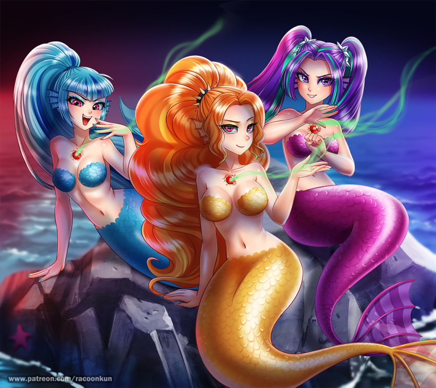 2019 adagio_dazzle_(eg) alternate_species aria_blaze_(eg) blue_hair breasts digital_media_(artwork) equestria_girls female gem group hair hasbro long_hair looking_at_viewer marine merfolk multicolored_hair my_little_pony navel open_mouth orange_hair outside purple_hair racoon-kun rock scaly_breasts siren sonata_dusk_(eg) split_form text the_dazzlings_(eg) twintails two_tone_hair url v_bangs water