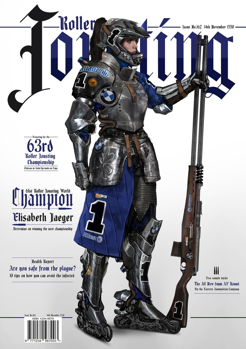 allianz armor black_hair blackletter bmw breastplate chainmail commentary concept_art couter cover cuirass elbow_pads english_commentary english_text fake_magazine_cover fantasy faulds female fleur-de-lis full_armor full_body gauntlets gradient_background greaves grey_background grey_eyes grey_footwear grey_helmet gun hair_through_headwear helmet highres holding holding_gun holding_weapon inline_skates isbn issn johnson_ting layered_armor lips logo long_sleeves looking_ahead lufthansa magazine_cover makeup medieval motocross nose original pauldrons planted plate_armor ponytail realistic roller_skates shoulder_armor single_pauldron skates solo sponsor standing urban_fantasy vambraces weapon white_background