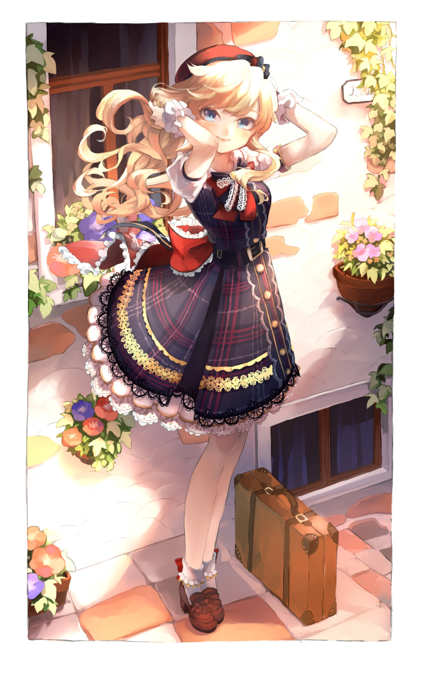 bad_id bad_pixiv_id bare_arms bare_legs blonde_hair blue_eyes breasts brown_footwear commentary_request dress female floating_hair flower full_body hand_in_own_hair hat highres idolmaster idolmaster_cinderella_girls long_hair looking_at_viewer ohtsuki_yui outdoors partial_commentary red_hat sanmon_(mekko0929) short_sleeves smile solo standing suitcase window yoyoyo_(dxayo)