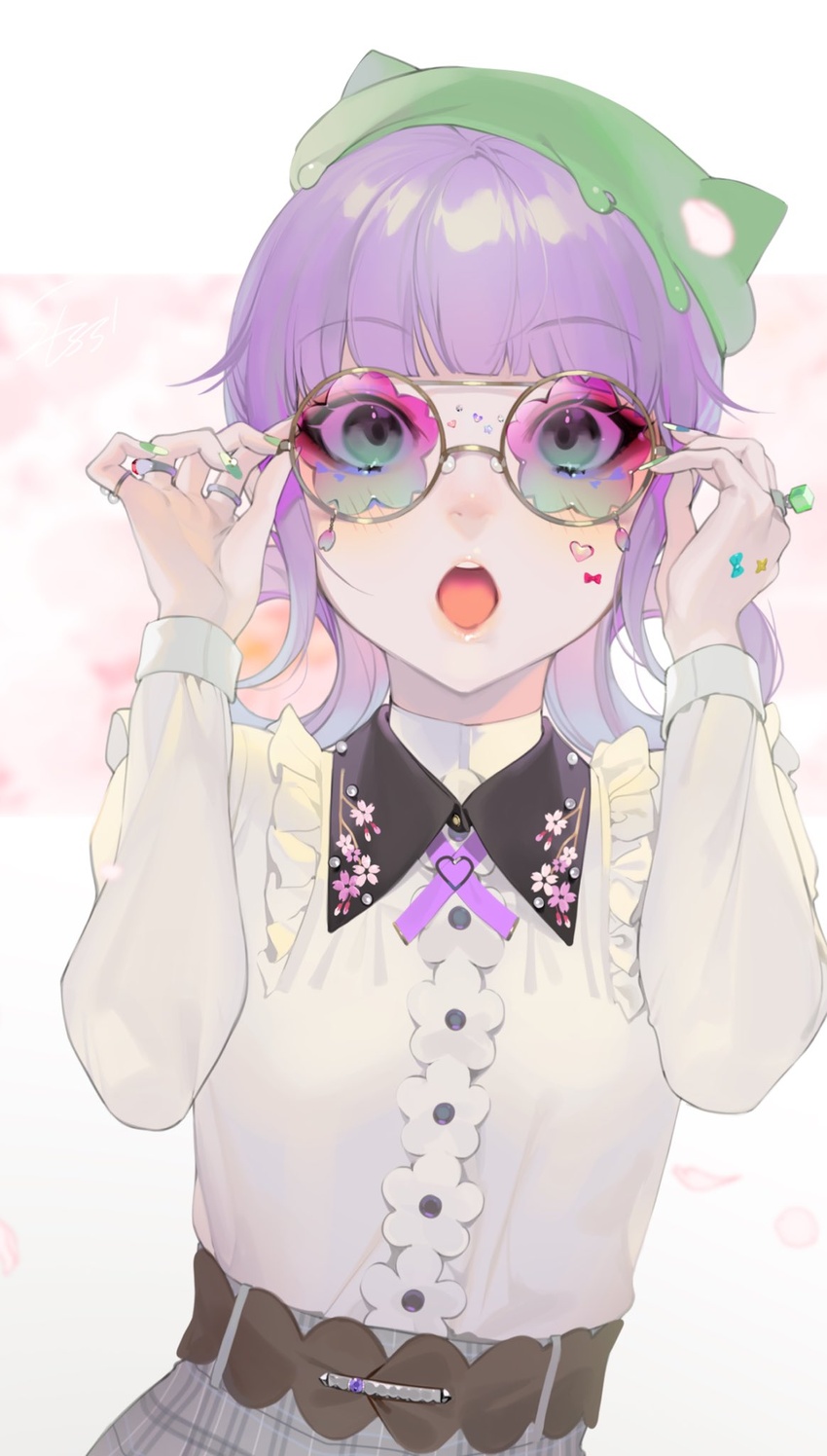 bad_id bad_twitter_id female glasses green_eyes green_nails heart highres jewelry long_sleeves multicolored_nails nail_polish ohisashiburi open_mouth purple_hair ring shining_star solo teeth upper_body vanilla_(shining_star)