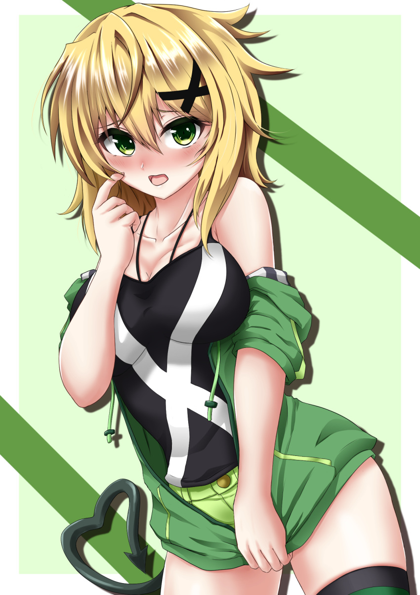 akatsuki_kirika bare_shoulders black_shirt blonde_hair blush breasts cleavage collarbone commentary_request female green_eyes green_shorts hair_between_eyes hair_ornament highres hood hoodie looking_at_viewer medium_breasts off_shoulder senki_zesshou_symphogear seshiro_(which501) shiny_skin shirt short_hair shorts solo standing tail tank_top thighhighs x_hair_ornament