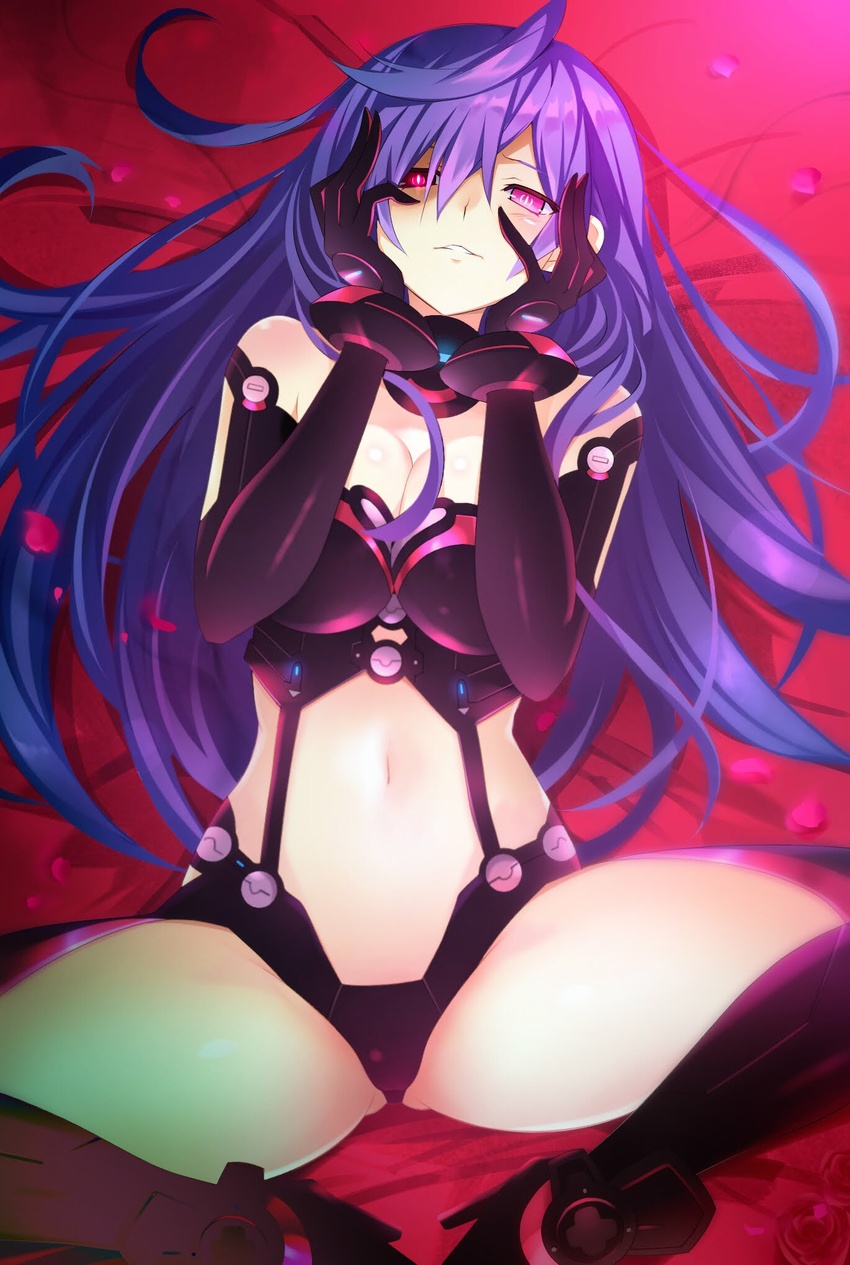 bare_shoulders blue_hair blush boots breasts cleavage commentary detached_collar elbow_gloves female gloves grin groin hair_between_eyes high_heel_boots high_heels highres iris_heart kami_jigen_game_neptune_v knees_apart_feet_together large_breasts leotard long_hair looking_at_viewer lying navel neptune_(series) on_back pink_eyes power_symbol power_symbol-shaped_pupils smile solo spread_legs symbol-only_commentary symbol-shaped_pupils thighs very_long_hair yandere_trance zero_(ray_0805)