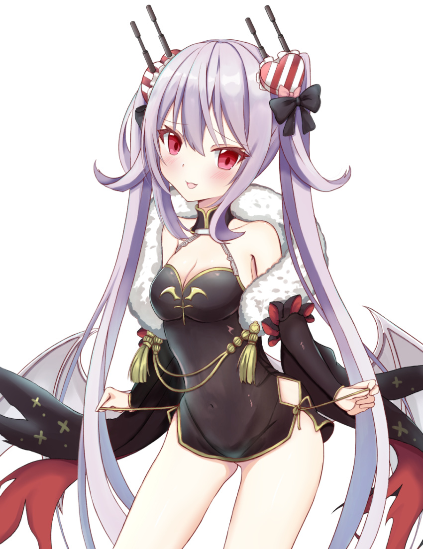 :d azur_lane bad_id bad_pixiv_id bare_shoulders black_bow black_dress black_sleeves blush bow breasts charite cleavage collarbone commentary covered_navel detached_sleeves dress female fur_trim hair_between_eyes hair_ornament hairbow heart heart_hair_ornament highres impossible_clothes impossible_dress long_hair long_sleeves looking_at_viewer oerba_yun_fang official_alternate_costume open_mouth purple_hair red_eyes short_dress simple_background sleeveless sleeveless_dress small_breasts smile solo twintails untying vampire_(azur_lane) vampire_(the_breath_of_spring)_(azur_lane) very_long_hair white_background