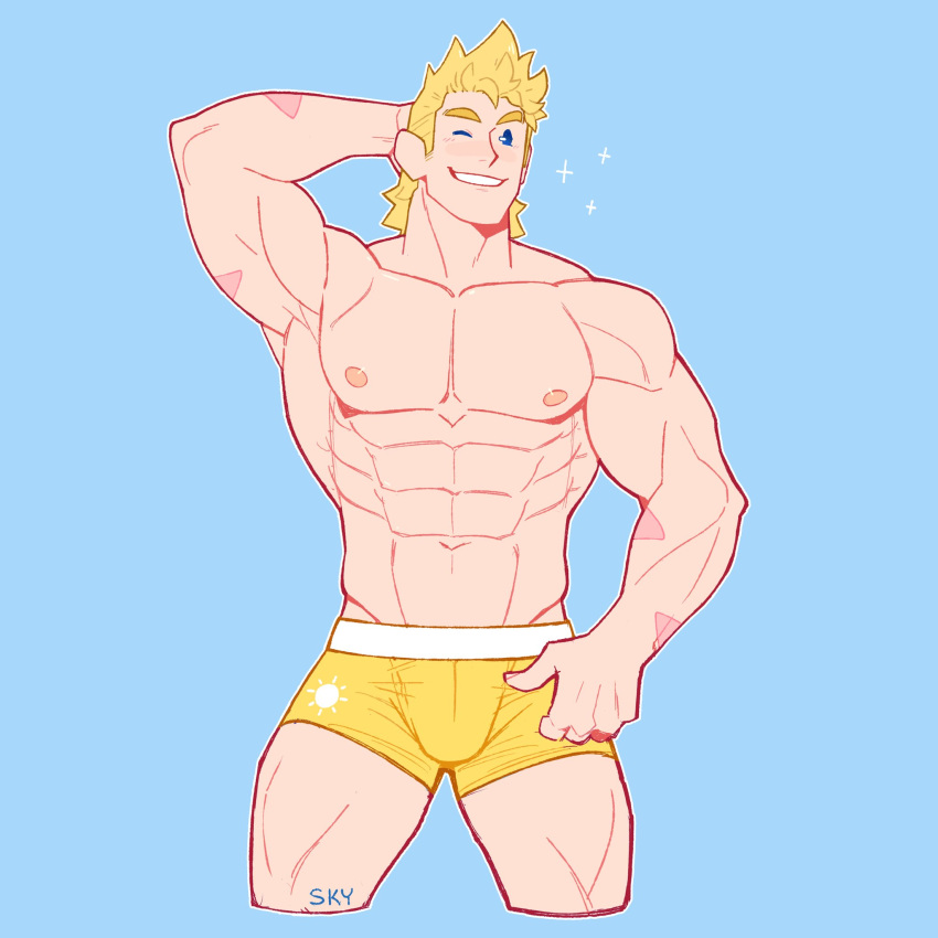 1boy abs alternate_costume bara blonde_hair blue_eyes boku_no_hero_academia boxer_briefs bulge cropped_legs feraltintinsimp highres large_pectorals male_focus male_underwear muscular muscular_male navel nipples one_eye_closed pectorals scar scar_on_arm short_hair smile solo sparkle spiked_hair stomach thick_thighs thighs togata_mirio topless_male underwear underwear_only yellow_male_underwear