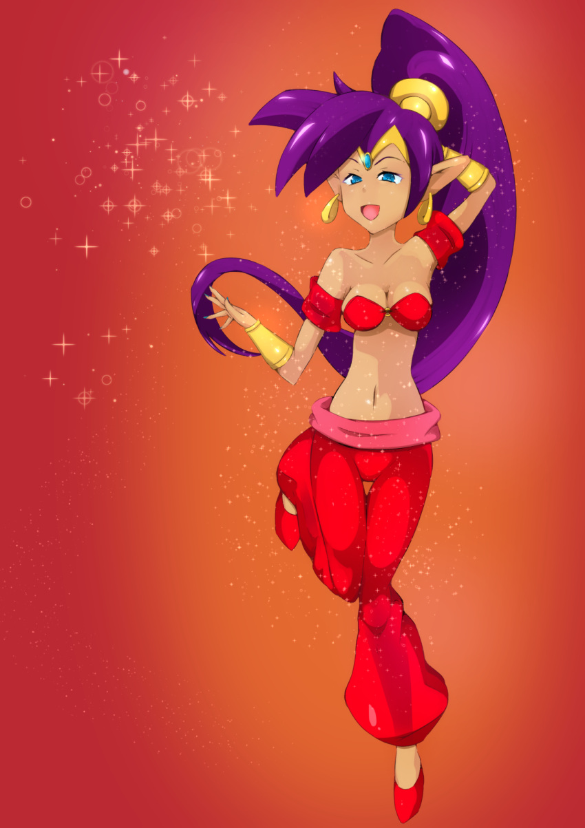 2021 bandeau blue_eyes breasts clothing crown ear_piercing ear_ring female footwear genie hair headgear hi_res humanoid humanoid_pointy_ears jellyjigs not_furry open_mouth open_smile piercing ponytail purple_hair ring_piercing shantae shantae_(series) simple_background smile solo sparkles tiara topwear wayforward