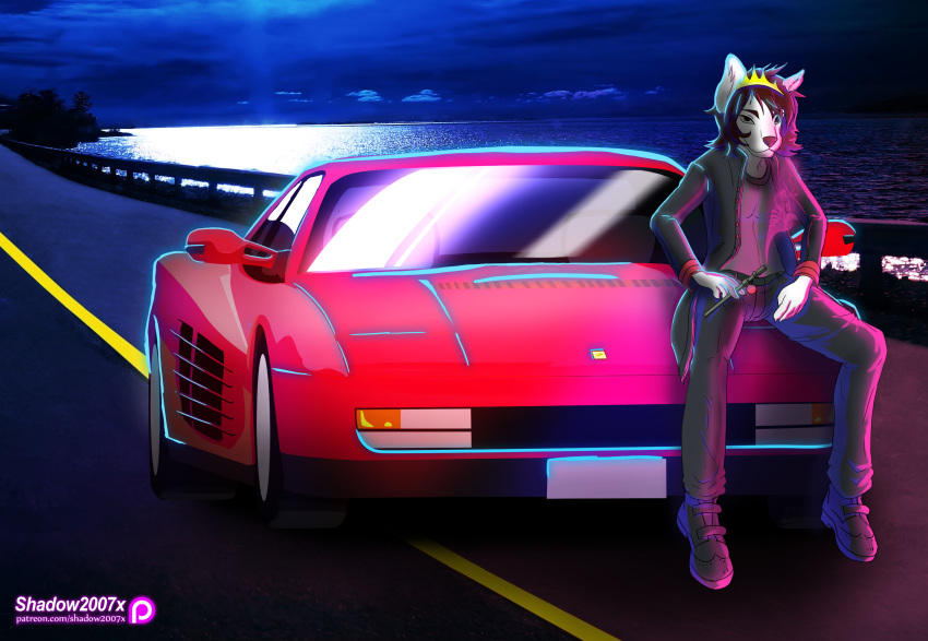 2016 absurd_res anthro brown_hair car digital_media_(artwork) ferrari ferrari_testarossa fur fuyu_graycen hair hi_res hybrid male motor_vehicle neon night outside red_car sea shadow2007x signature sitting sitting_on_car sitting_on_vehicle smoking solo text url vehicle water white_body white_fur