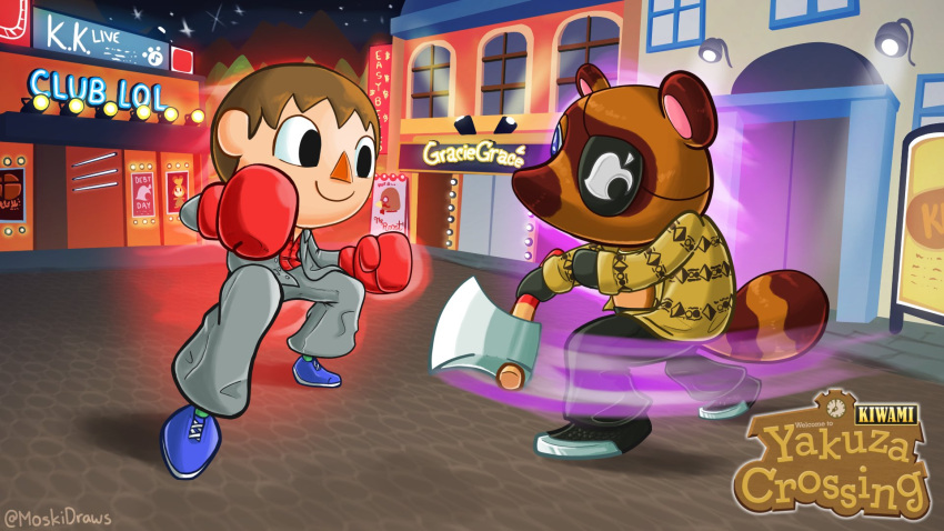 16:9 animal_crossing axe bottomwear boxing_gloves building canid canine clothing duo eye_patch eyewear fight footwear goro_majima handwear hi_res human isabelle_(animal_crossing) kazuma_kiryu mammal melee_weapon moskidraws nintendo pants raccoon_dog shoes suit tanuki text tom_nook_(animal_crossing) villager_(animal_crossing) weapon widescreen yakuza_(series)