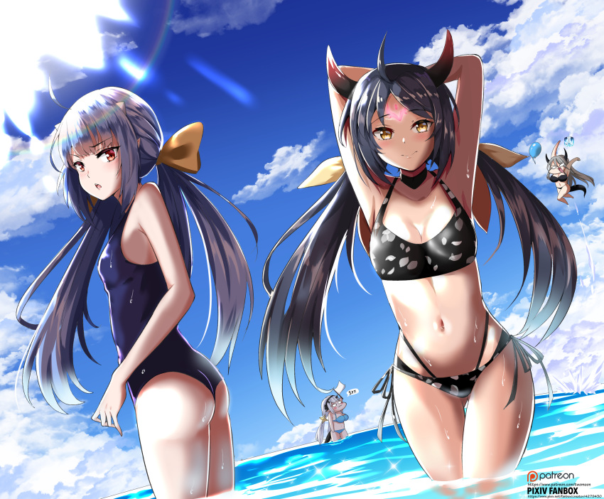 4girls apocalypse_ravi_(epic_seven) armpits ball beach beachball bikini black_hair commentary_request day epic_seven flat_chest hair_ribbon highres luna_(epic_seven) multiple_girls outdoors ravi_(epic_seven) ribbon sky sweat swimsuit twintails twomoon wading yufine_(epic_seven)