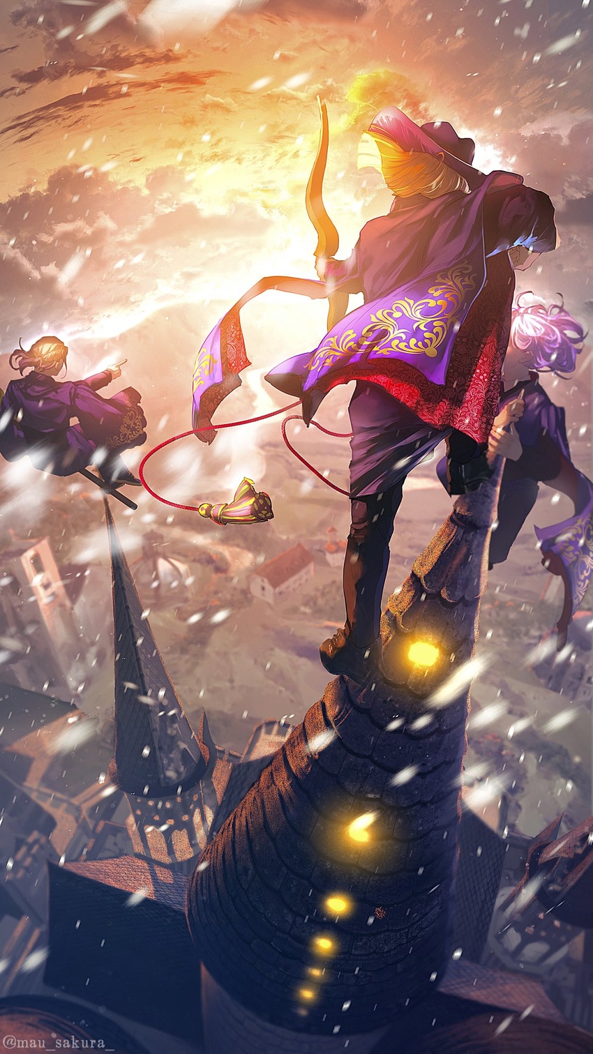 3boys back black_pants blonde_hair bow_(weapon) broom broom_riding cape castle cloud cloudy_sky epel_felmier floral_print hat hat_feather highres holding holding_bow_(weapon) holding_weapon light_purple_hair male_focus mau_sakura medium_hair multiple_boys outdoors pants pointing purple_cape purple_headwear purple_robe robe rook_hunt scenery sky sunset twisted_wonderland twitter_username vil_schoenheit weapon wide_sleeves