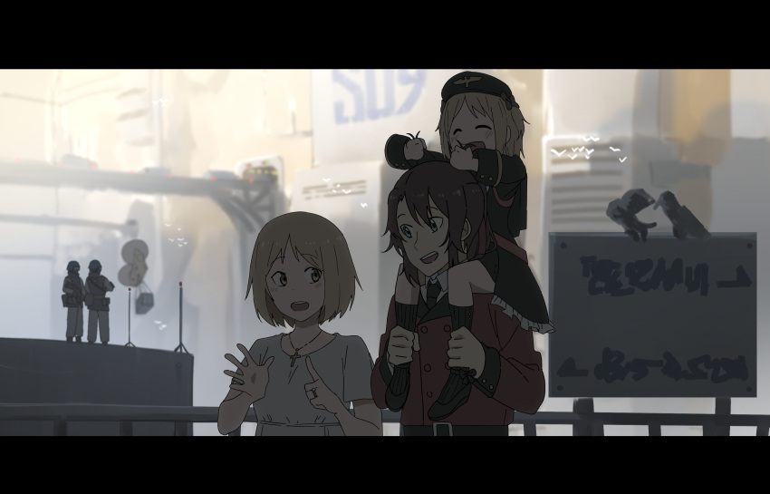 1boy 2girls 2others :d absurdres aircraft black_footwear black_necktie black_socks blonde_hair blue_eyes breasts brown_eyes brown_hair casual closed_eyes coat collared_shirt commander_(girls'_frontline) commission commissioner_upload cross girls'_frontline grabbing_another's_hair griffin_&_kryuger_military_uniform helicopter highres jewelry kneehighs letterboxed long_hair looking_at_another mp40_(girls'_frontline) mp40_(thumbelina)_(girls'_frontline) multiple_girls multiple_others necklace necktie non-web_source on_person pixiv_commission red_coat ring shirt short_hair smile socks triangle_bullet uniform wedding_ring white_shirt