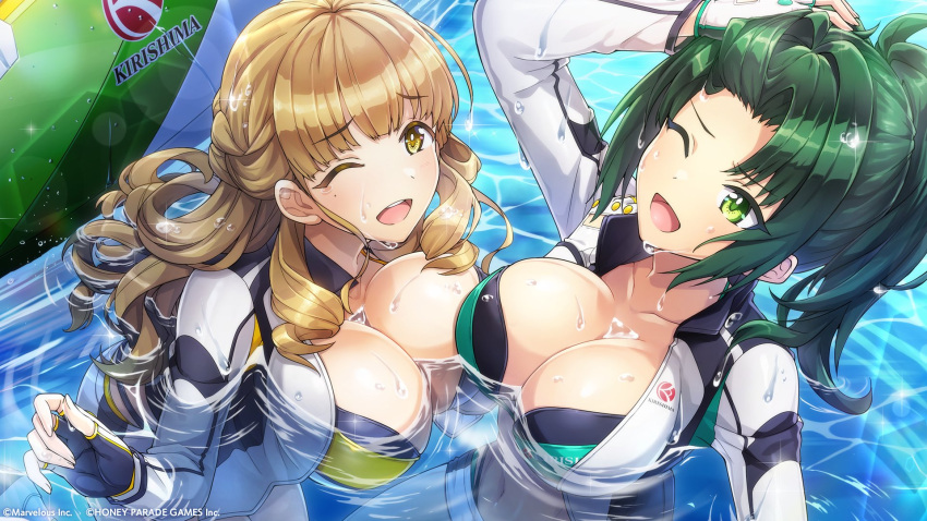 2girls afloat ayato_utae blonde_hair blunt_bangs breasts cleavage_cutout clothing_cutout dolphin_wave drill_hair fingerless_gloves gloves green_eyes green_hair harunami_anri highres jacket large_breasts mole mole_under_eye multiple_girls official_art one_eye_closed ootomo_takuji open_clothes open_jacket parted_bangs ponytail wet wet_hair yellow_eyes