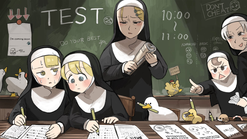 5girls academic_test arrow_(symbol) beak beret bird blonde_hair blue_eyes book brown_eyes brown_hair bubble_sheet chalkboard cheating_(competitive) cheek_press chicken clumsy_nun_(diva) commentary crumpled_paper diva_(hyxpk) duck duckling earthworm english_commentary english_text flower froggy_nun_(diva) grey_hair habit hair_flower hair_ornament hairclip hat highres holding holding_book holding_pencil holding_telescope letter little_nuns_(diva) mole mole_(animal) mole_under_eye mole_under_mouth mouth_hold multiple_girls nervous_sweating nun pencil pointing rolled_up_newspaper scowl shaded_face shadow sign smug_nun_(diva) spicy_nun_(diva) strict_nun_(diva) sweat tears telescope test_taking traditional_nun triangle_mouth yellow_eyes