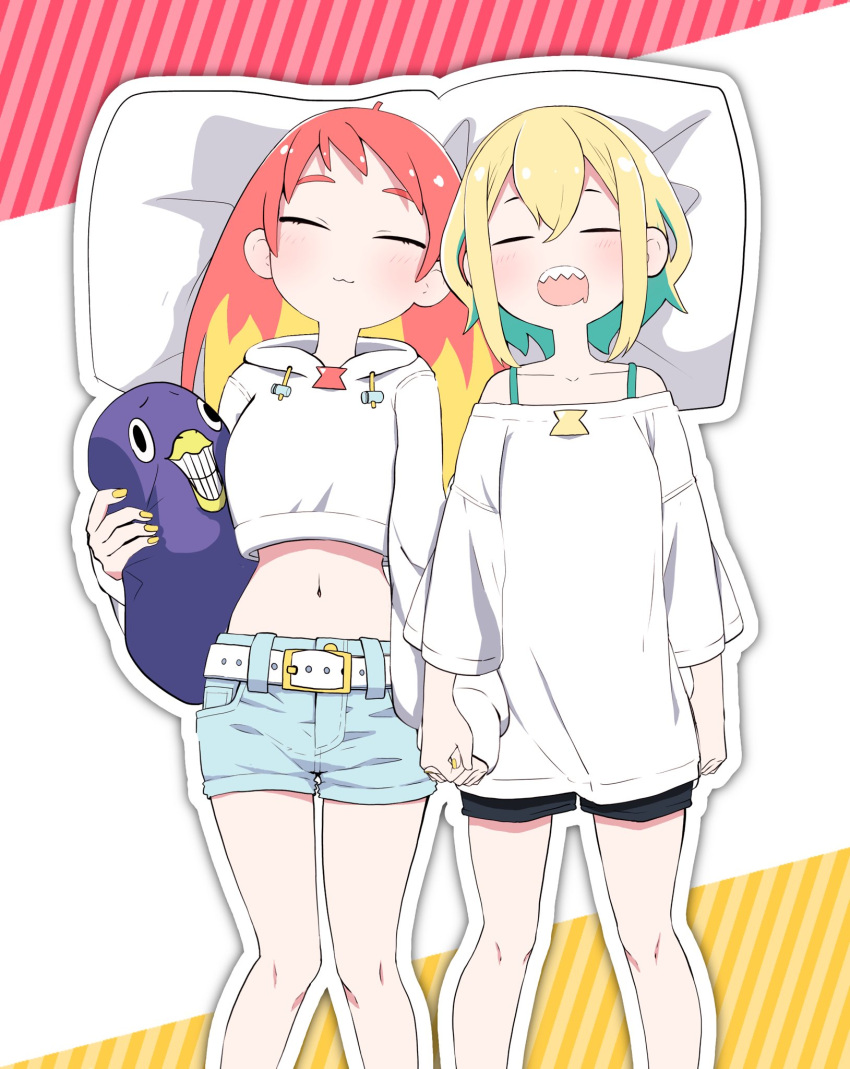 2girls :3 amano_pikamee bare_shoulders belt bird blonde_hair character_pillow closed_eyes colored_tips commentary crop_top denim denim_shorts drawstring drooling feet_out_of_frame from_above furrowed_brow grin gyari_(bird) gyari_(imagesdawn) highres hikasa_tomoshika hikasa_tomoshika_(artist) holding holding_hands holding_pillow hood hoodie light_blush light_smile long_hair lying midriff mouth_drool multicolored_hair multiple_girls nail_polish navel off-shoulder_shirt off_shoulder on_back open_mouth peak pillow red_hair sharp_teeth shirt short_hair short_shorts shorts sleeping smile spaghetti_strap teeth virtual_youtuber voms white_hoodie white_shirt yellow_nails