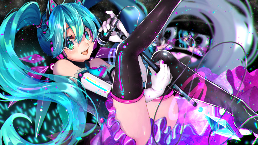 animal_ear_headphones animal_ears blue_eyes blue_hair cat_ear_headphones commentary elbow_gloves fake_animal_ears female fetal_position floating_hair gloves hair_between_eyes hatsune_miku headphones highres holding holding_microphone kakitsubata_anko looking_at_viewer microphone open_mouth screen solo thighhighs thighs vocaloid white_gloves