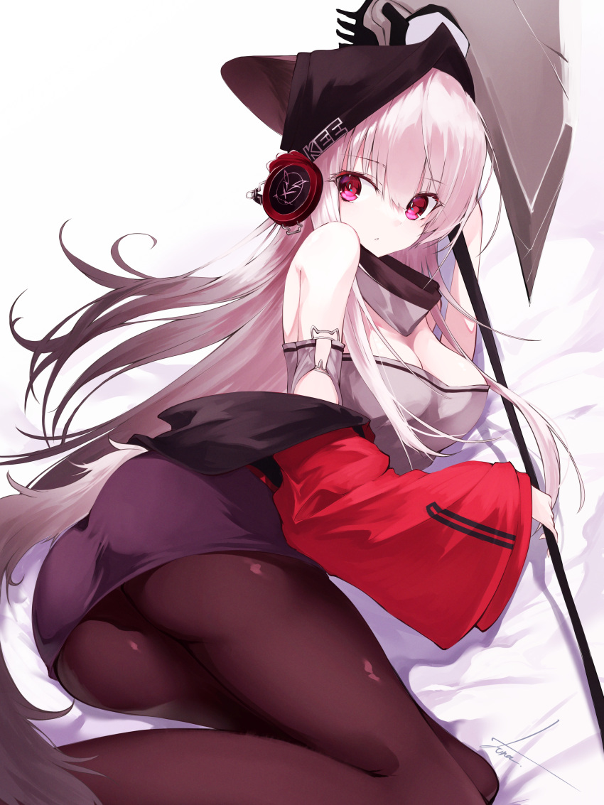 absurdres arknights ass axe bare_shoulders bed_sheet behind-the-head_headphones black_hat breasts brown_pantyhose cleavage detached_collar ears_through_headwear feet_out_of_frame female frostleaf_(arknights) grey_hair grey_shirt hat headphones highres holding holding_axe holding_weapon large_breasts long_hair long_sleeves looking_at_viewer lying miniskirt off-shoulder_shirt off_shoulder on_side pantyhose parted_lips pink_eyes purple_skirt shirt signature skirt solo very_long_hair weapon yonagi_white