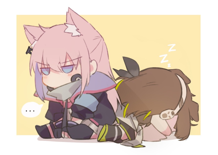 ... 2girls animal_ear_fluff animal_ears black_gloves black_socks blue_eyes brown_hair cat_ears chibi dog_ears girls'_frontline gloves headphones hugging_another's_tail hugging_tail jacket long_hair m4a1_(girls'_frontline) multiple_girls pink_hair sidelocks sitting sleeping socks spoken_ellipsis st_ar-15_(girls'_frontline) tail tail_on_face two-tone_background white_background yellow_background yuutama2804 zzz