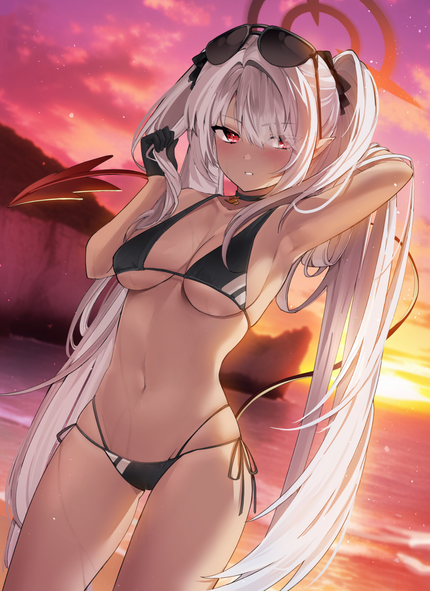 absurdres arm_behind_head arm_up bikini black_choker black_gloves black_ribbon blue_archive breasts choker cloud cowboy_shot demon_tail dutch_angle eyewear_on_head female gloves hair_ribbon halo highres iori_(blue_archive) iori_(swimsuit)_(blue_archive) long_hair looking_at_viewer medium_breasts multi-strapped_bikini_bottom navel official_alternate_costume outdoors parted_lips red_eyes ribbon side-tie_bikini_bottom skindentation sky solo somyo_(s0my0) stomach sunglasses sunset swimsuit tail thighs twintails very_long_hair white_hair