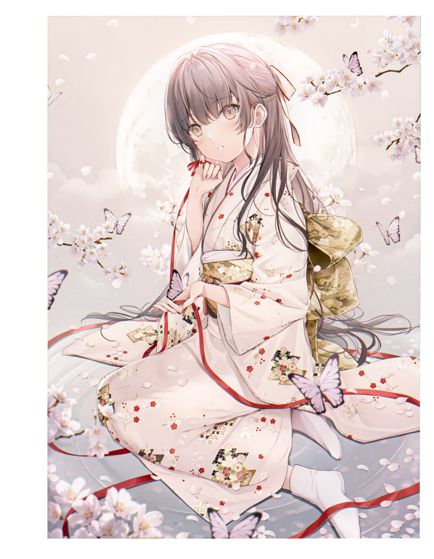 6u_(eternal_land) absurdres blush brown_eyes brown_hair bug butterfly cherry_blossoms commentary eshi_100_nin_ten female highres japanese_clothes kimono looking_at_viewer moon original red_ribbon ribbon sitting solo white_footwear yokozuwari