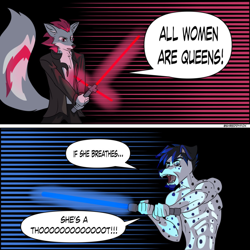 1:1 2021 anthro canid canine canis clothed clothing dalmatian dialogue domestic_dog duo english_text fox hair hi_res humor jacket lightsaber male mammal melee_weapon meme open_clothing open_jacket open_mouth open_topwear shreddy_(shreddyfox) shreddyfox standing star_wars text topless topless_male topwear weapon yelling