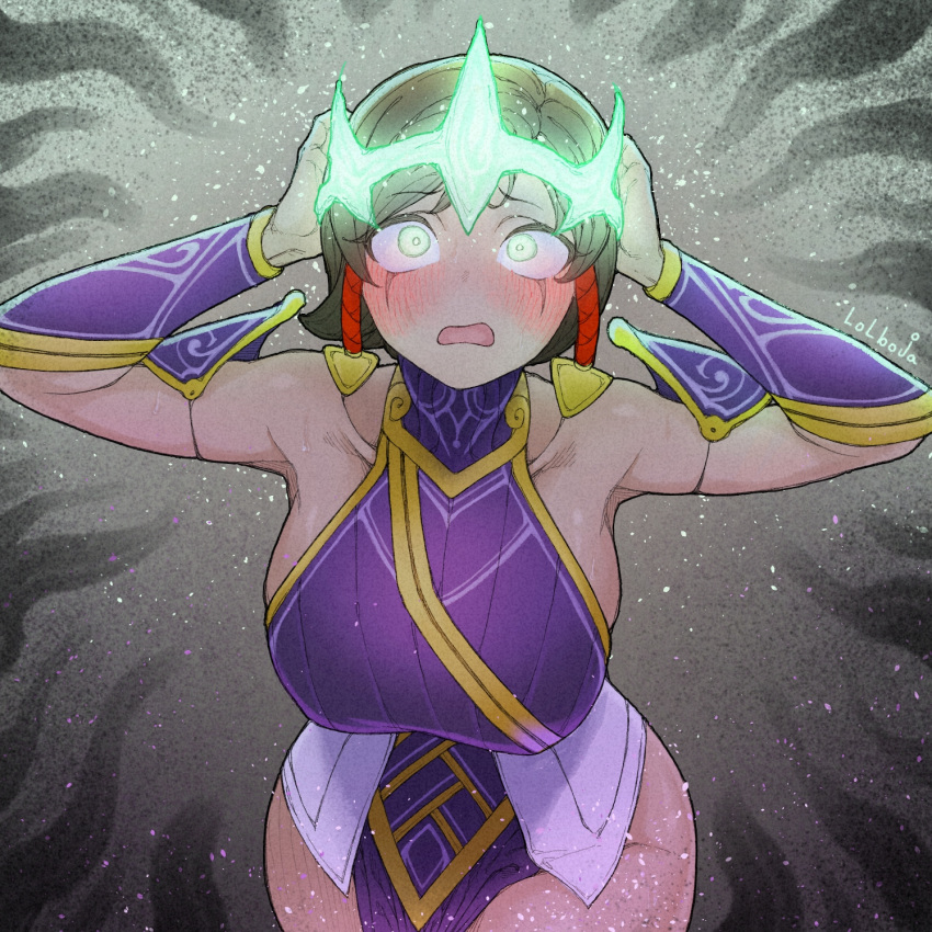 armpits bare_shoulders blush breasts brown_hair collarbone dark-skinned_female dark_skin dress eyebrows eyelashes female gradient_background green_eyes hands_on_own_head highres huge_breasts karma_(league_of_legends) korean_commentary large_breasts league_of_legends lolboja looking_up medium_hair open_mouth possessed purple_dress sideboob solo thick_thighs thighs wide_hips