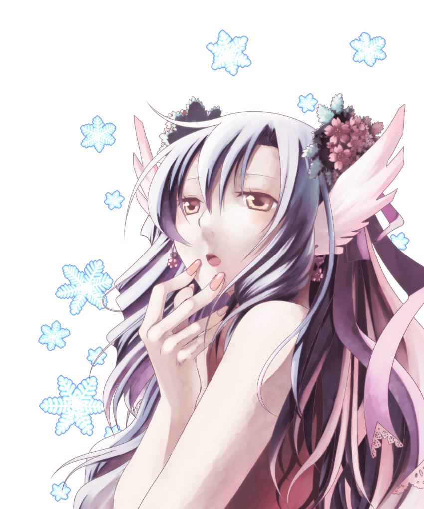 azpainter_(medium) blush brown_eyes commentary_request female flower hair_between_eyes hair_flower hair_ornament highres long_hair looking_at_viewer open_mouth original purple_hair red_flower sakakura_(sariri) simple_background sleeveless snowflakes solo upper_body white_background