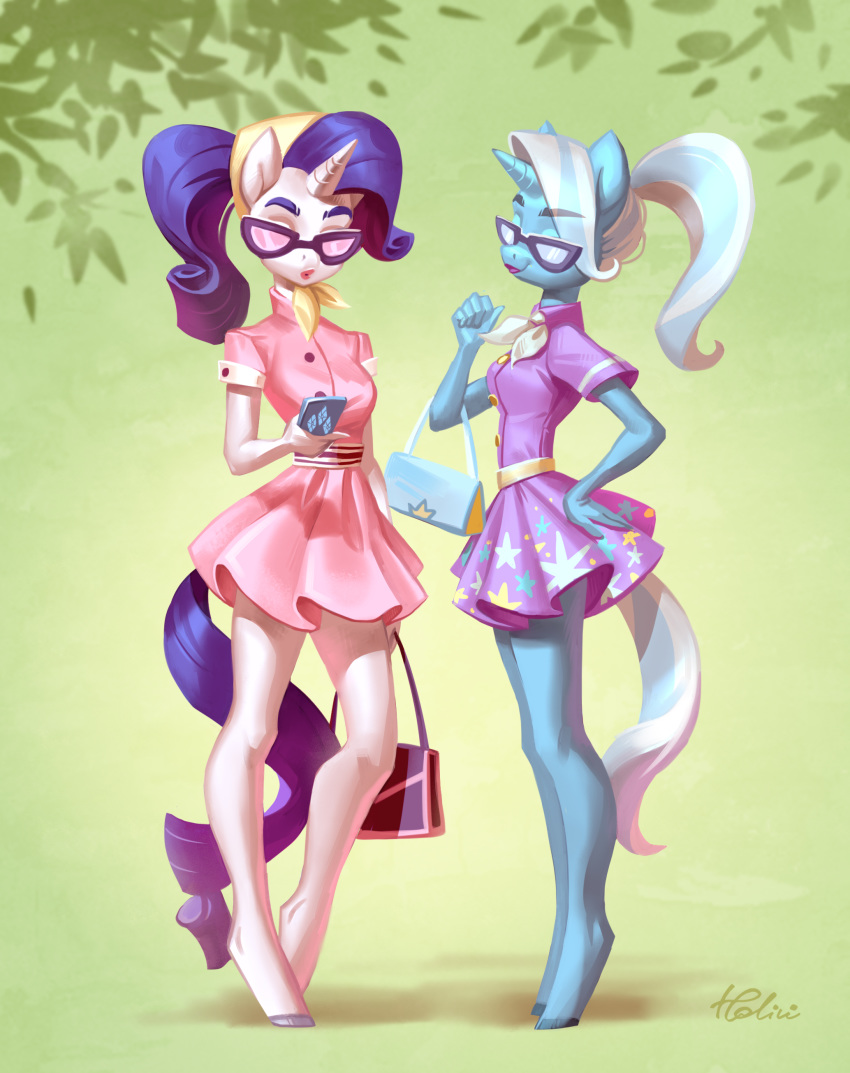 absurd_res anthro anthrofied cat_eye_glasses cellphone clothing dress duo electronics equid equine eyewear female friendship_is_magic glasses hair hand_on_hip hasbro hi_res holding_cellphone holding_object holding_phone holivi horn mammal multicolored_hair my_little_pony mythological_creature mythological_equine mythology phone ponytail purple_hair purse rarity_(mlp) scarf simple_background smartphone smile standing trixie_(mlp) two_tone_hair unicorn