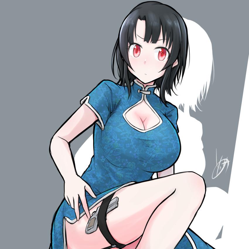 alternate_costume black_hair blue_dress breasts china_dress chinese_clothes cleavage cleavage_cutout clothing_cutout commentary_request dress female grey_background gun handgun highres kantai_collection large_breasts looking_at_viewer one-hour_drawing_challenge red_eyes short_hair signature solo sosser squatting takao_(kancolle) thigh_strap weapon