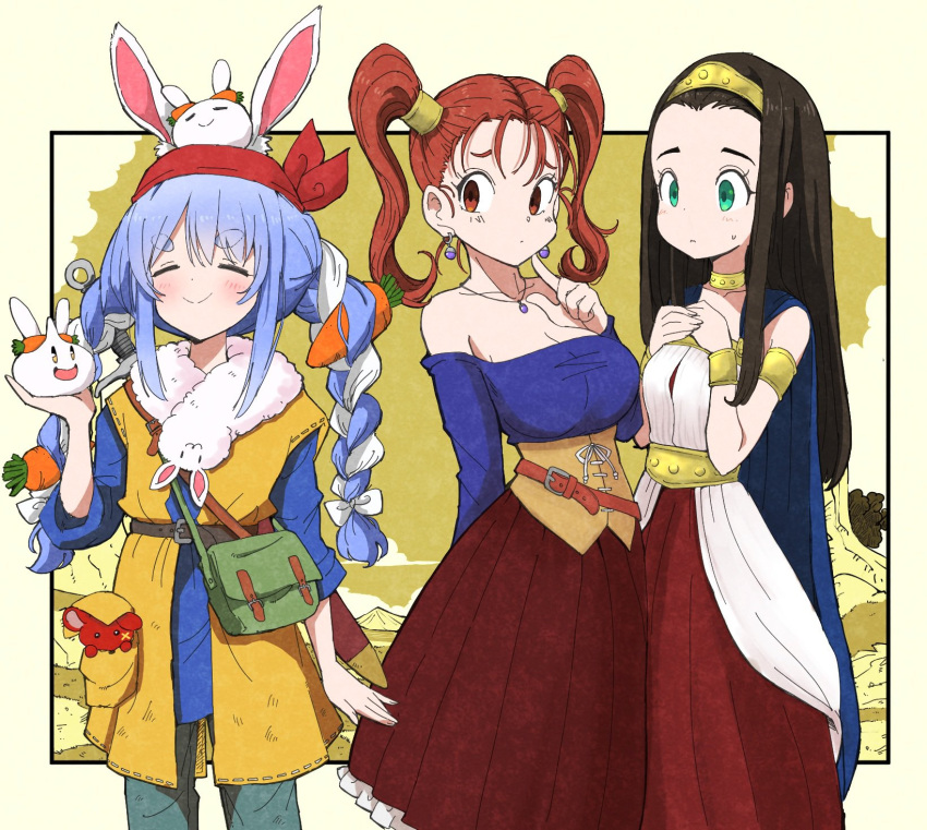 3girls animal_ears bandana bare_shoulders belt black_hair blue_hair braid breasts brown_eyes brown_hair carrot_hair_ornament cleavage closed_eyes closed_mouth commentary_request corset cosplay crossover don-chan_(usada_pekora) dragon_quest dragon_quest_viii dress earrings food-themed_hair_ornament fur_scarf hair_ornament hero_(dq8) hero_(dq8)_(cosplay) highres hololive index_finger_raised jessica_albert jewelry kajino_(aosansai) large_breasts long_hair medea_(dq8) medium_breasts multicolored_hair multiple_girls on_head purple_shirt rabbit_ears scarf shirt short_eyebrows slime_(dragon_quest) smile standing sword thick_eyebrows twin_braids twintails two-tone_hair usada_pekora virtual_youtuber weapon white_hair white_scarf