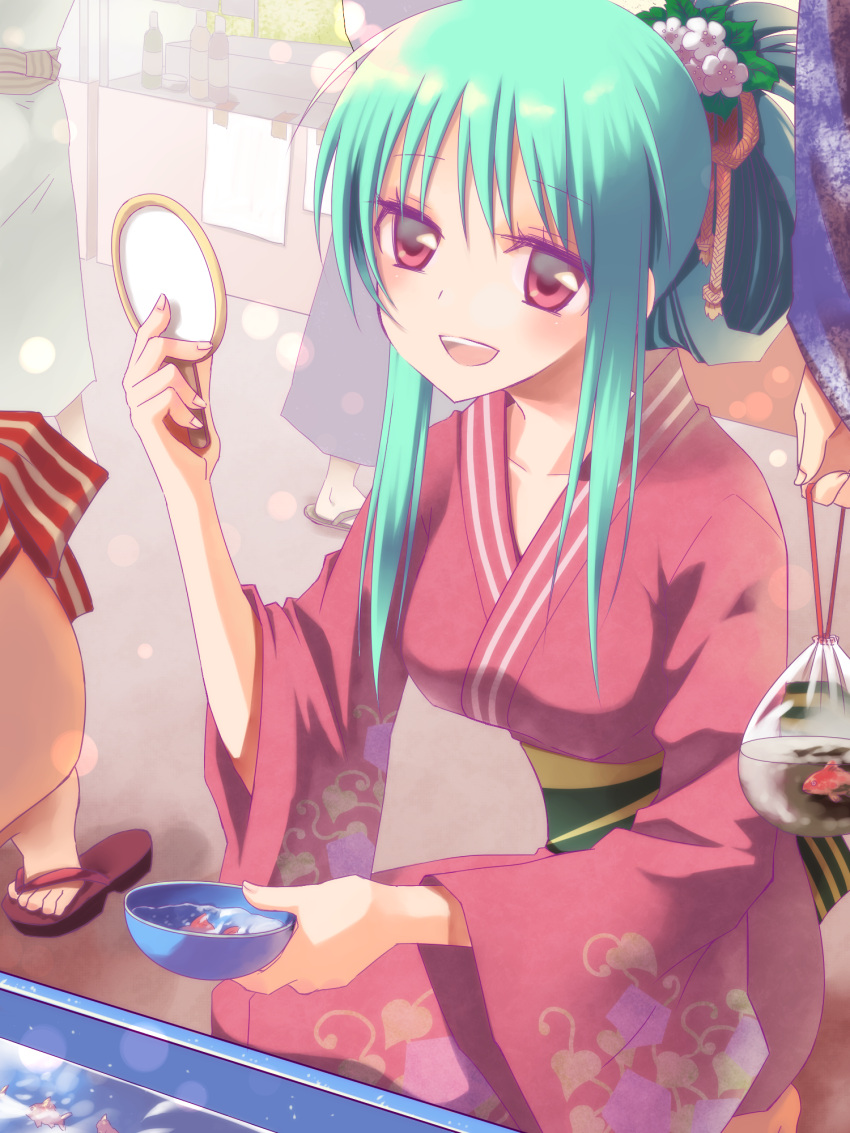 4others azpainter_(medium) blush bowl breasts commentary_request female fish folded_ponytail full_body goldfish goldfish_scooping green_hair highres holding holding_bowl japanese_clothes kimono light_particles long_hair looking_at_viewer medium_breasts multiple_others mypaint_(medium) open_mouth original red_eyes red_kimono sakakura_(sariri) sidelocks smile solo_focus squatting water yukata