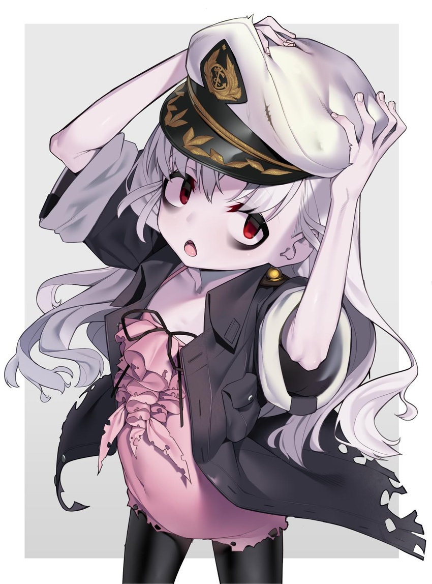 albatross_koukairoku arms_up bad_id bad_twitter_id bags_under_eyes black_jacket black_pantyhose black_ribbon collarbone commentary dress female fingernails grey_background grey_hair hands_on_headwear hat highres jacket kuro_(albatross_koukairoku) long_hair looking_at_viewer miyamae_(miyazen9311) open_clothes open_jacket open_mouth pantyhose peaked_cap pink_dress red_eyes ribbon sanpaku short_sleeves solo torn_clothes torn_dress torn_jacket two-tone_background very_long_hair white_background white_hat