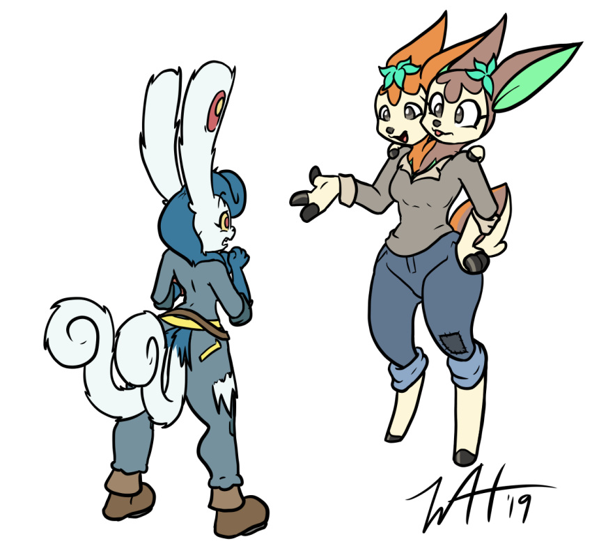 2019 2_heads 2_tails 3_breasts 3_fingers 4_eyes 4_fingers anthro autumn_deerling belt blue_body blue_fur boots bottomwear breasts caitlyn_(swordfox) clothed clothing conjoined conjoined_twins crossover damaged_clothing deer deerling duo fallout fallout:_pca felid feline female fingers footwear fur generation_5_pokemon generation_6_pokemon gloves_(marking) grey_eyes hooves mammal markings meowstic microsoft multi_breast multi_eye multi_head multi_limb multi_tail muniversalarts nintendo open_mouth pants pip-boy pokemon pokemon_(species) pokemorph rad_deerling red_eyes red_sclera shirt simple_background standing startled surprise tail teeth tongue tongue_out topwear torn_clothing vault_suit white_background white_body white_fur winter_deerling yellow_eyes yellow_sclera