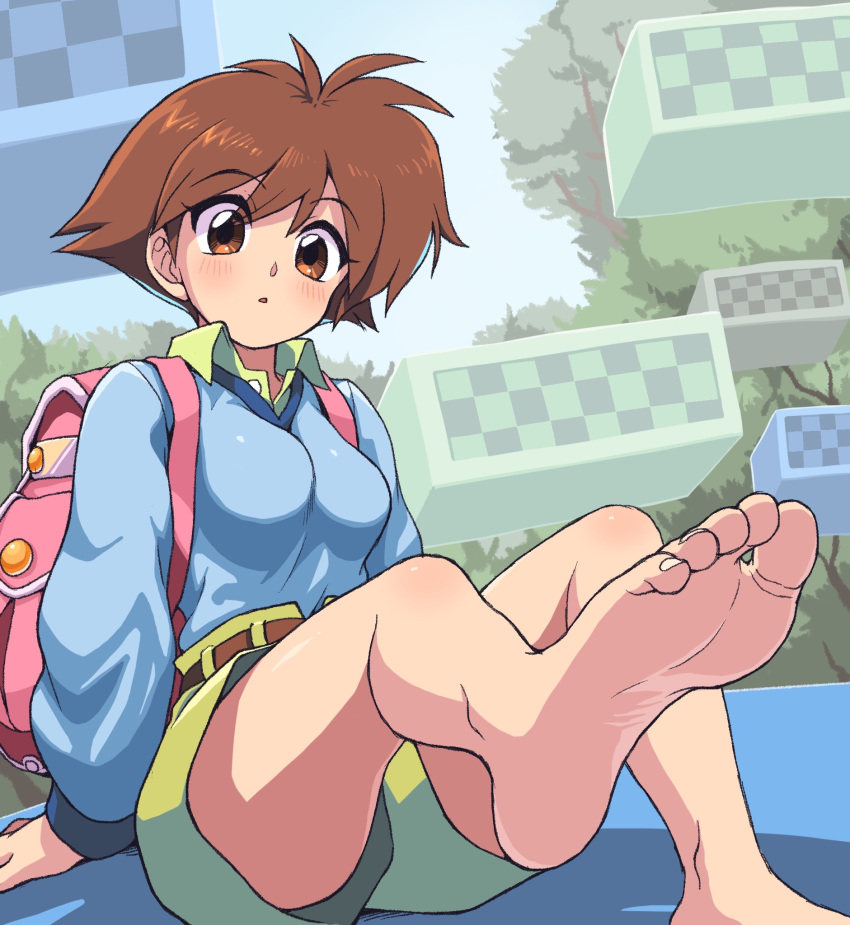 backpack bag barefoot blush brown_eyes brown_hair collared_shirt feet female foot_focus foreshortening highres legs looking_at_viewer open_mouth oyatsu_(mk2) shirt short_hair shorts soles solo sweater toes umihara_kawase umihara_kawase_(character)