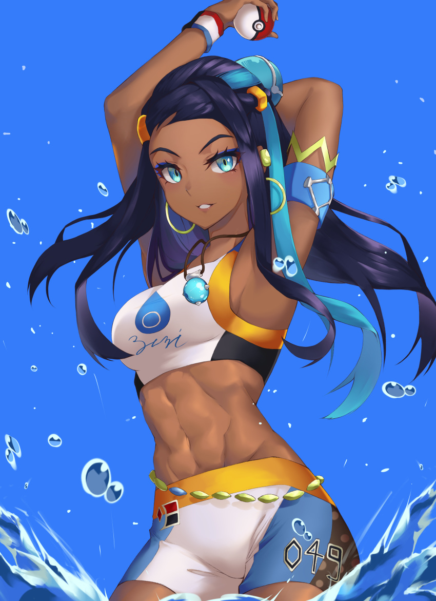 abs absurdres aqua_eyes arms_behind_head arms_up belly_chain bikini black_hair blue_background commentary_request crop_top dark-skinned_female dark_skin earrings eyeliner eyeshadow female hair_bun highres holding holding_poke_ball hoop_earrings jewelry long_hair makeup multicolored_hair navel necklace nessa_(pokemon) poke_ball poke_ball_(basic) pokemon pokemon_swsh setsurimu_(pro_viden) single_hair_bun solo sportswear swimsuit tankini toned two-tone_hair water_drop wristband