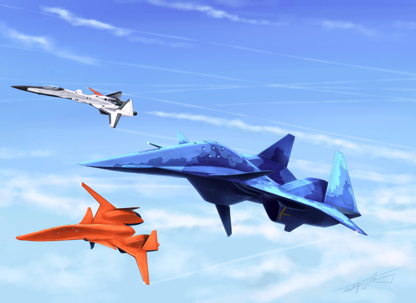 ace_combat ace_combat_zero adf-01_falken adfx-02_morgan aircraft airplane chinese_commentary cloud commentary contrail day fighter_jet highres jet larry_foulke military military_vehicle no_humans photoshop_(medium) pilot science_fiction signature sky thompson_(solowingfh) vehicle_focus