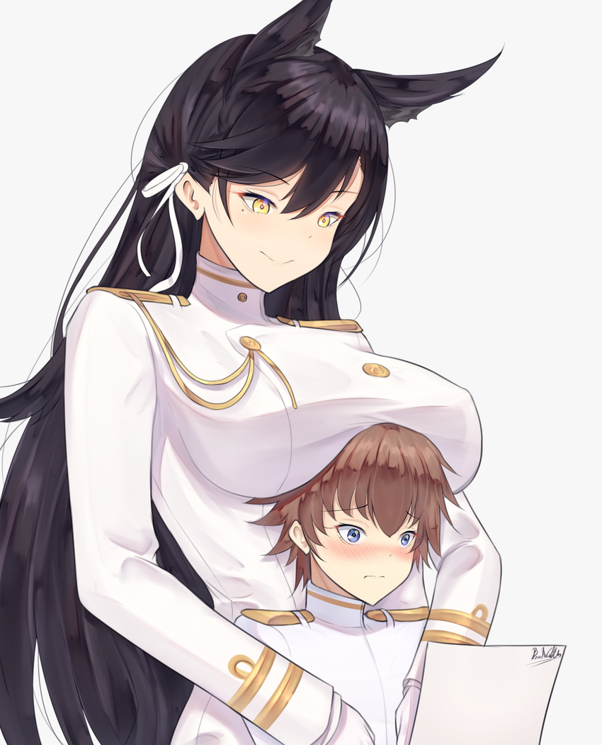 1boy age_difference animal_ears atago_(azur_lane) azur_lane band-width black_hair blue_eyes blush breast_rest breasts breasts_on_head brown_eyes brown_hair commander_(azur_lane) commentary embarrassed extra_ears female gloves highres large_breasts little_boy_commander_(azur_lane) long_hair long_sleeves military military_uniform mole mole_under_eye naval_uniform onee-shota smile straight uniform white_gloves