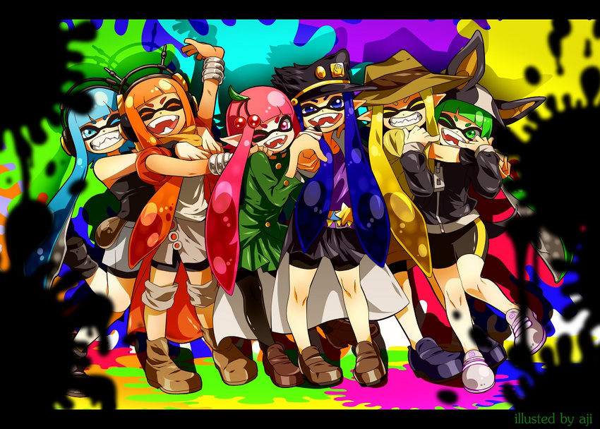 6+girls aji_(coastal_area) animal_ears artist_name bike_shorts blonde_hair blue_eyes blue_hair blurry closed_eyes commentary_request cosplay depth_of_field dog_ears dress english_text engrish_text fake_animal_ears fangs green_dress green_eyes green_hair green_shirt grin hat headphones hood hug hug_from_behind iggy_(jojo) iggy_(jojo)_(cosplay) inkling_girl inkling_player_character jacket jean_pierre_polnareff jean_pierre_polnareff_(cosplay) jojo_no_kimyou_na_bouken joseph_joestar joseph_joestar_(old) joseph_joestar_(old)_(cosplay) kakyoin_noriaki kakyoin_noriaki_(cosplay) kujo_jotaro kujo_jotaro_(cosplay) leg_up long_hair mohammed_avdol mohammed_avdol_(cosplay) multiple_girls one_eye_closed open_mouth orange_eyes orange_hair ornament paint paint_splatter pantyhose pink_eyes pink_hair pleated_skirt pointing pointing_at_viewer pointy_ears pouch ranguage scarf shirt shoes shorts shorts_under_skirt skirt smile sneakers splatoon_(series) splatoon_1 tentacle_hair track_jacket wrist_cuffs yellow_eyes