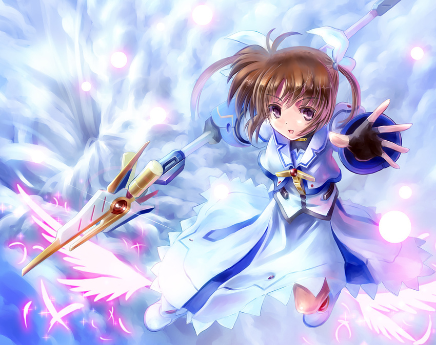 brown_hair commentary_request female fingerless_gloves gloves hair_ribbon lyrical_nanoha mahou_shoujo_lyrical_nanoha mahou_shoujo_lyrical_nanoha_the_movie_1st purple_eyes raising_heart raising_heart_(cannon_mode) ribbon solo staff takamachi_nanoha takamachi_nanoha_(movie_1st_mode) twintails wings yone