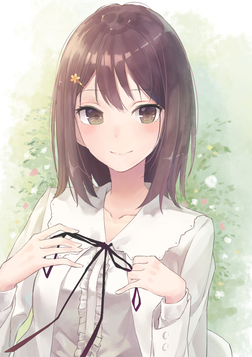 brown_eyes brown_hair commentary_request female flowers_(innocent_grey) hair_ornament hairclip highres kobuta kousaka_mayuri looking_at_viewer ribbon short_hair solo