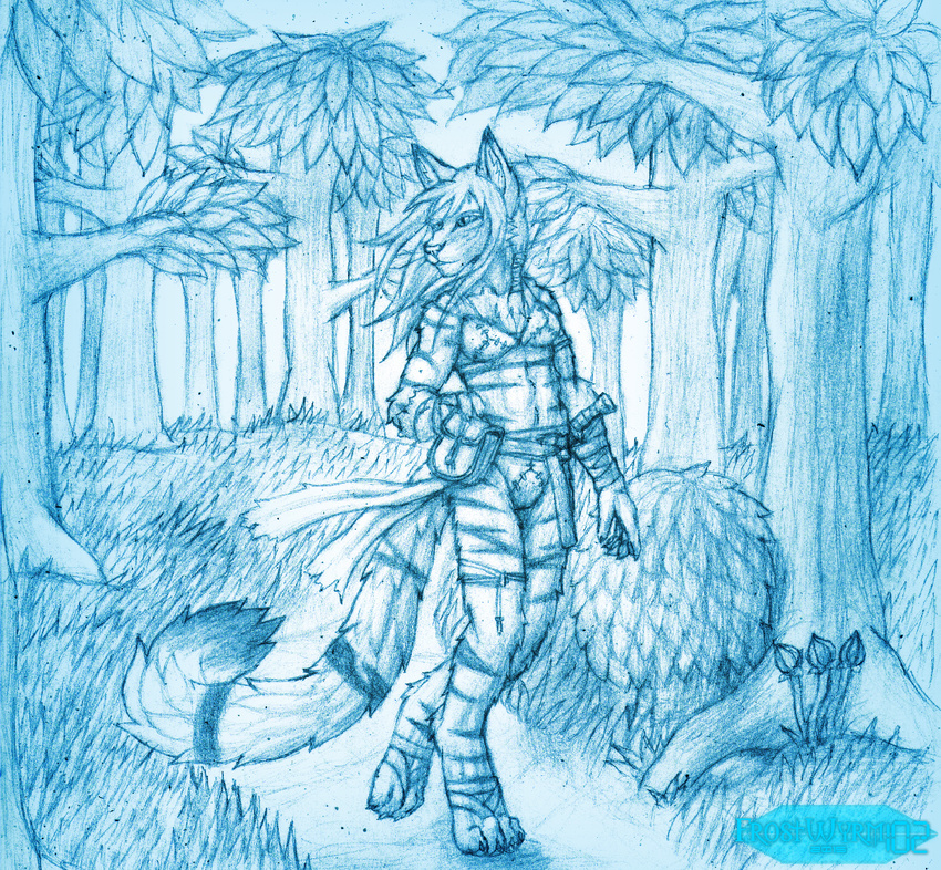 2015 anthro april_dawn clothed clothing dagger detailed_background domestic_cat felid feline felis female forest frostwyrm102 leather mammal melee_weapon nature outside plant pouch_(disambiguation) traditional_media_(artwork) tree tribal weapon