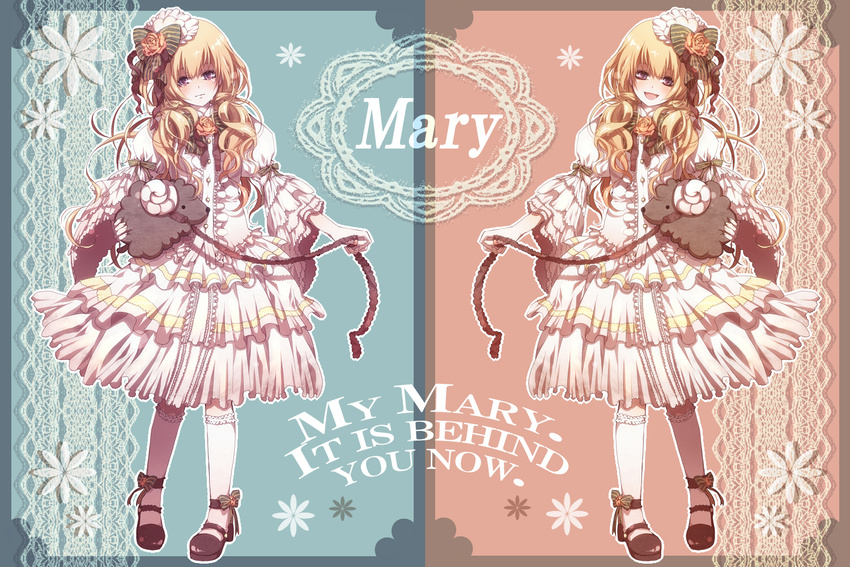 animal bad_id bad_pixiv_id blonde_hair bow dress dual_persona english_text engrish_text female flower formal frills hair_ornament horns iriasu leash lolita_fashion long_hair mary-san mary_janes open_mouth original pink_flower pink_rose purple_eyes ranguage ribbon rose sheep shoes smile socks tears