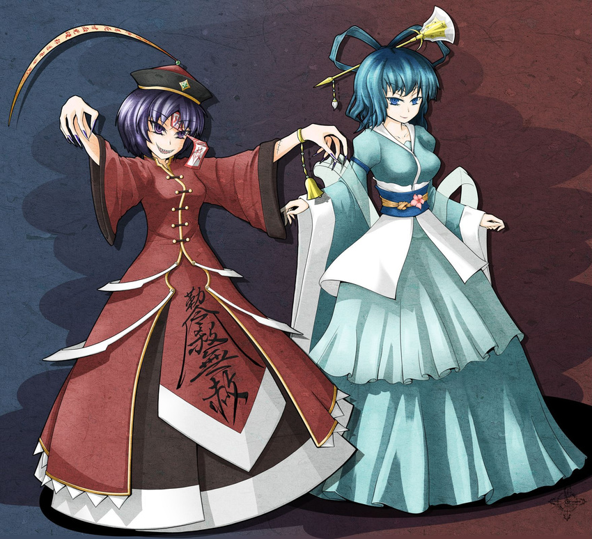 >:) 2girls adapted_costume bell blue_dress blue_eyes blue_hair breasts collarbone commentary_request dress evil_smile fingernails flower grin hair_ornament hair_rings hair_stick hat highres jiangshi kaku_seiga large_breasts long_fingernails looking_at_viewer miyako_yoshika multiple_girls nail_polish nj42u6 obi ofuda photoshop_(medium) purple_eyes purple_hair sash scar sharp_teeth shawl short_hair smile teeth touhou translation_request v-shaped_eyebrows wide_sleeves wristband writing