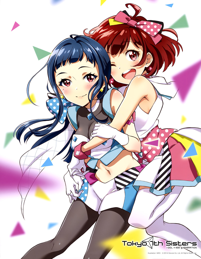 2girls :d ;d absurdres blue_hair blush bow copyright_name h-a-j-i-m-a-r-i-u-t-a-!! highres hug hug_from_behind kasukabe_haru long_hair mks_(tokyo_7th_sisters) mole mole_under_eye multiple_girls one_eye_closed open_mouth pantyhose polka_dot polka_dot_bow red_eyes red_hair short_hair smile striped tendouji_musubi tokyo_7th_sisters