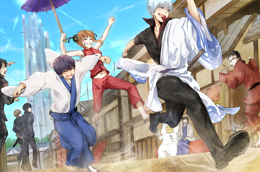 6+boys black_hair black_ribbon brown_eyes brown_hair closed_eyes commentary_request conone day elizabeth_(gintama) female gintama hadanugi_dousa hair_ribbon hand_in_pocket hasegawa_taizou highres hijikata_toushirou holding holding_umbrella japanese_clothes kagura_(gintama) katsura_kotarou kimono long_hair long_sleeves multiple_boys navel okita_sougo open_clothes open_kimono open_mouth outdoors ribbon road sakata_gintoki shimura_shinpachi short_hair short_sleeves street umbrella white_hair yamazaki_sagaru