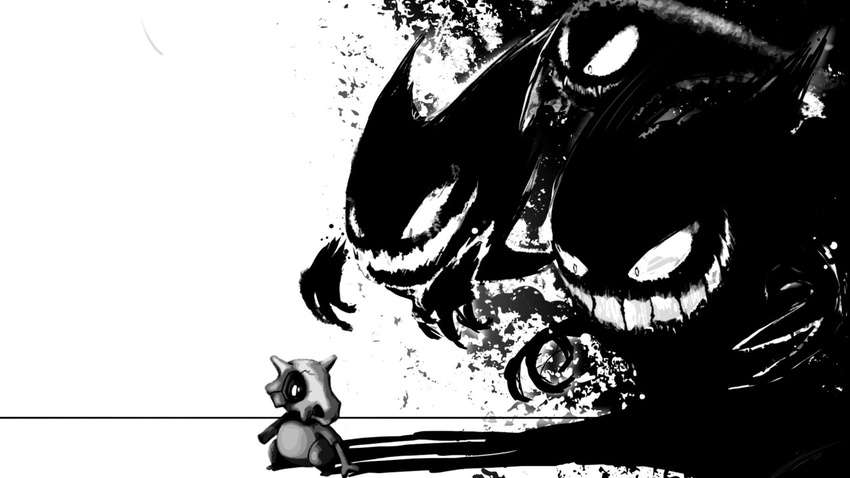 16:9 altered_shadow ambiguous_gender black_and_white bone creepy cubone digital_media_(artwork) duality floating_hands gastly generation_1_pokemon gengar ghost group haunter monochrome nintendo not_furry pokemon pokemon_(species) shadow simple_background skull smile solo_focus spirit stalking unknown_artist white_background widescreen