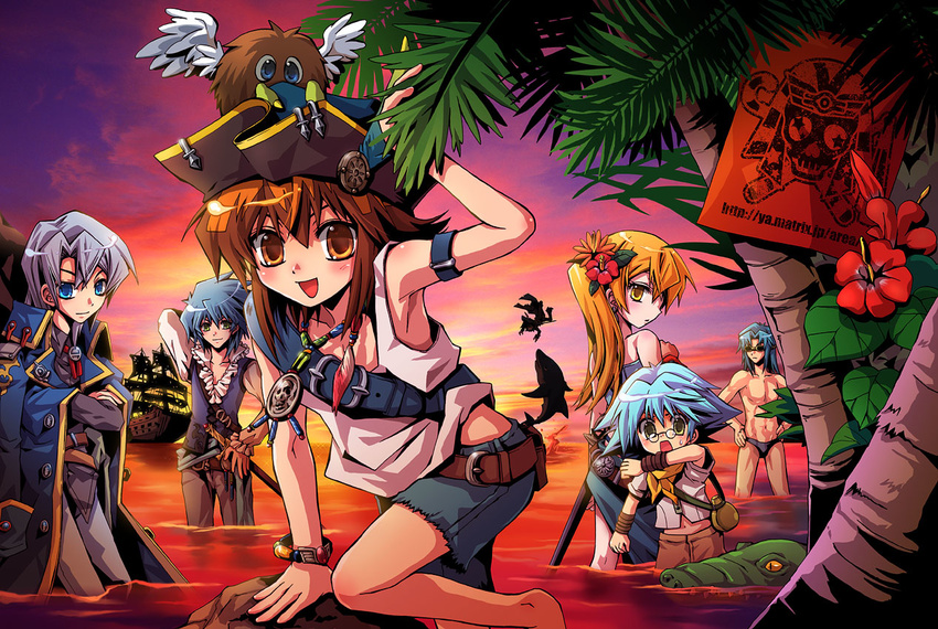 6+boys cloud commentary_request crocodile crocodilian dolphin duel_monster edo_phoenix female hat johan_andersen jolly_roger manjoume_jun marufuji_ryo marufuji_sho multiple_boys ocean palm_tree pirate_hat ship sky tenjouin_asuka tree watercraft winged_kuriboh yamadori_ofuu yu-gi-oh! yu-gi-oh!_gx yuki_judai