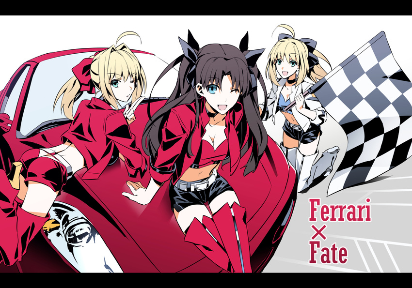 3girls ;d ahoge artoria_pendragon_(fate) belt black_hair blonde_hair blue_eyes boots bow car checkered_flag commentary_request fate/extra fate/stay_night fate_(series) ferrari flag green_eyes hairbow jacket kon_manatsu long_hair md5_mismatch midriff motor_vehicle multiple_girls navel nero_claudius_(fate) nero_claudius_(fate/extra) nero_claudius_(type-moon_racing)_(fate) official_alternate_costume one_eye_closed open_mouth ponytail race_queen saber_(fate) saber_(type-moon_racing)_(fate) shorts smile sports_car thigh_boots thighhighs tohsaka_rin tohsaka_rin_(type-moon_racing) two_side_up